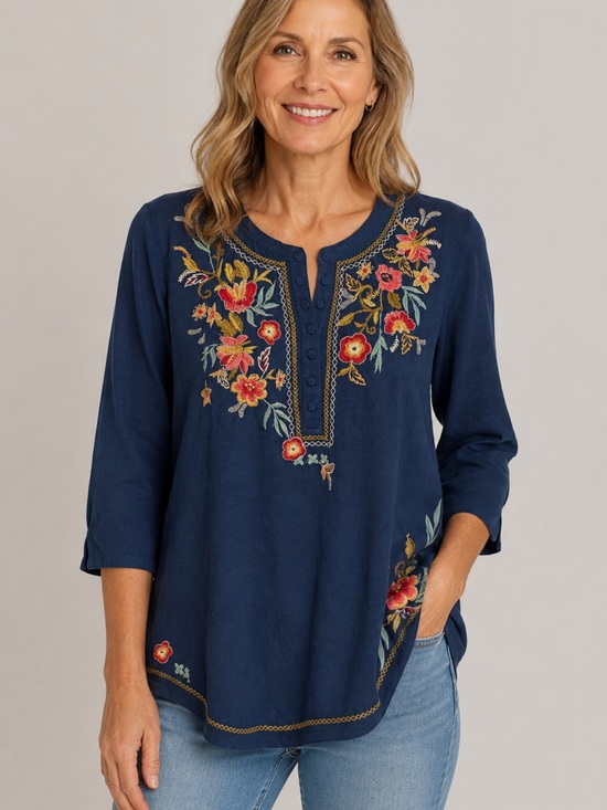 Sundance Tops - Sundance Embroidered Floral Henley Tunic Top Navy Blue Size Large